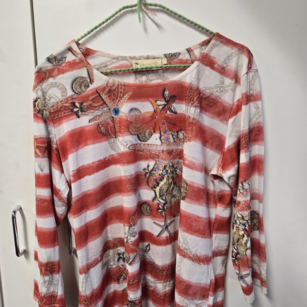 Impulse Californiq Red and White Nautical Graphic Sleeve Blouse